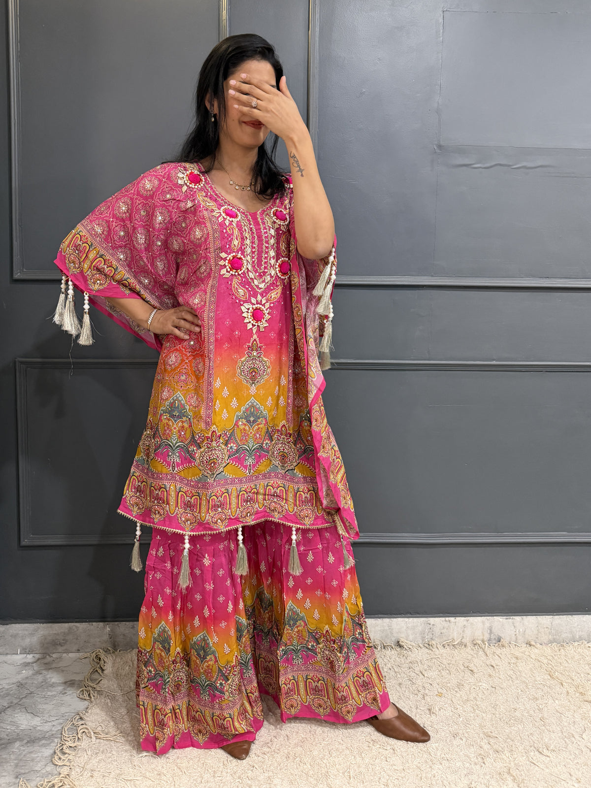 Festive Bloom – Embroidered Crepe Kaftan Style Kameez with Sharara Set