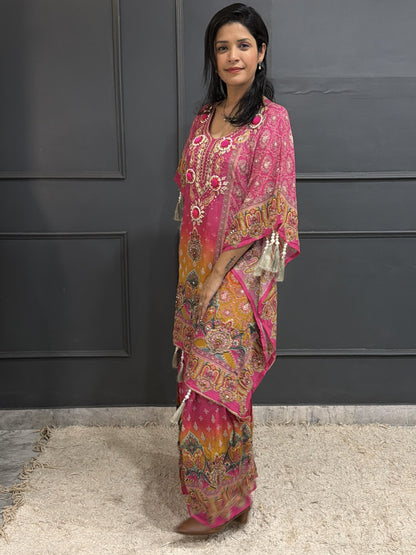 Festive Bloom – Embroidered Crepe Kaftan Style Kameez with Sharara Set