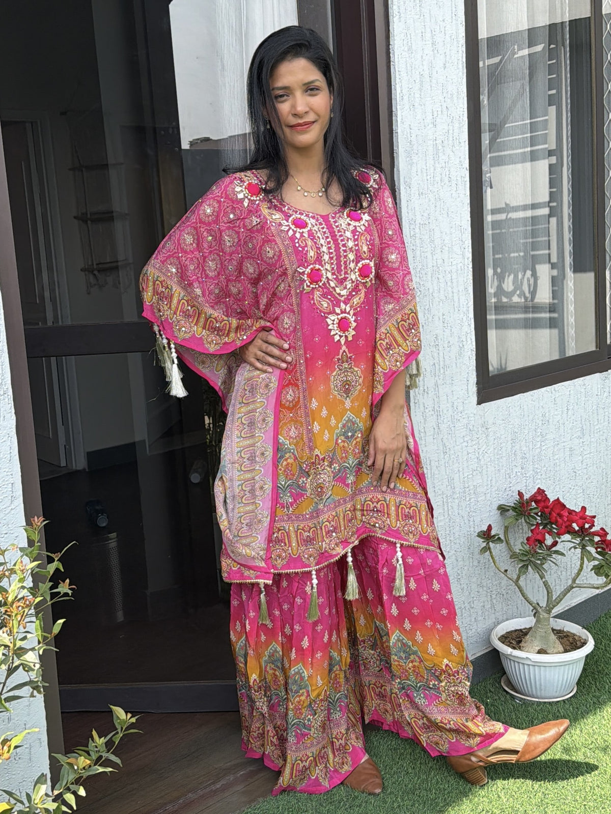 Festive Bloom – Embroidered Crepe Kaftan Style Kameez with Sharara Set