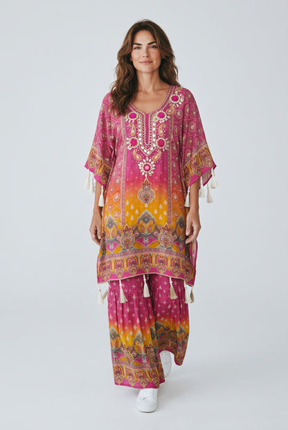 Festive Bloom – Embroidered Crepe Kaftan Style Kameez with Sharara Set