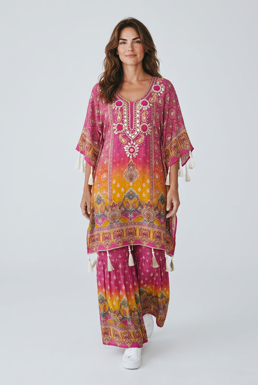 Festive Bloom – Embroidered Crepe Kaftan Style Kameez with Sharara Set