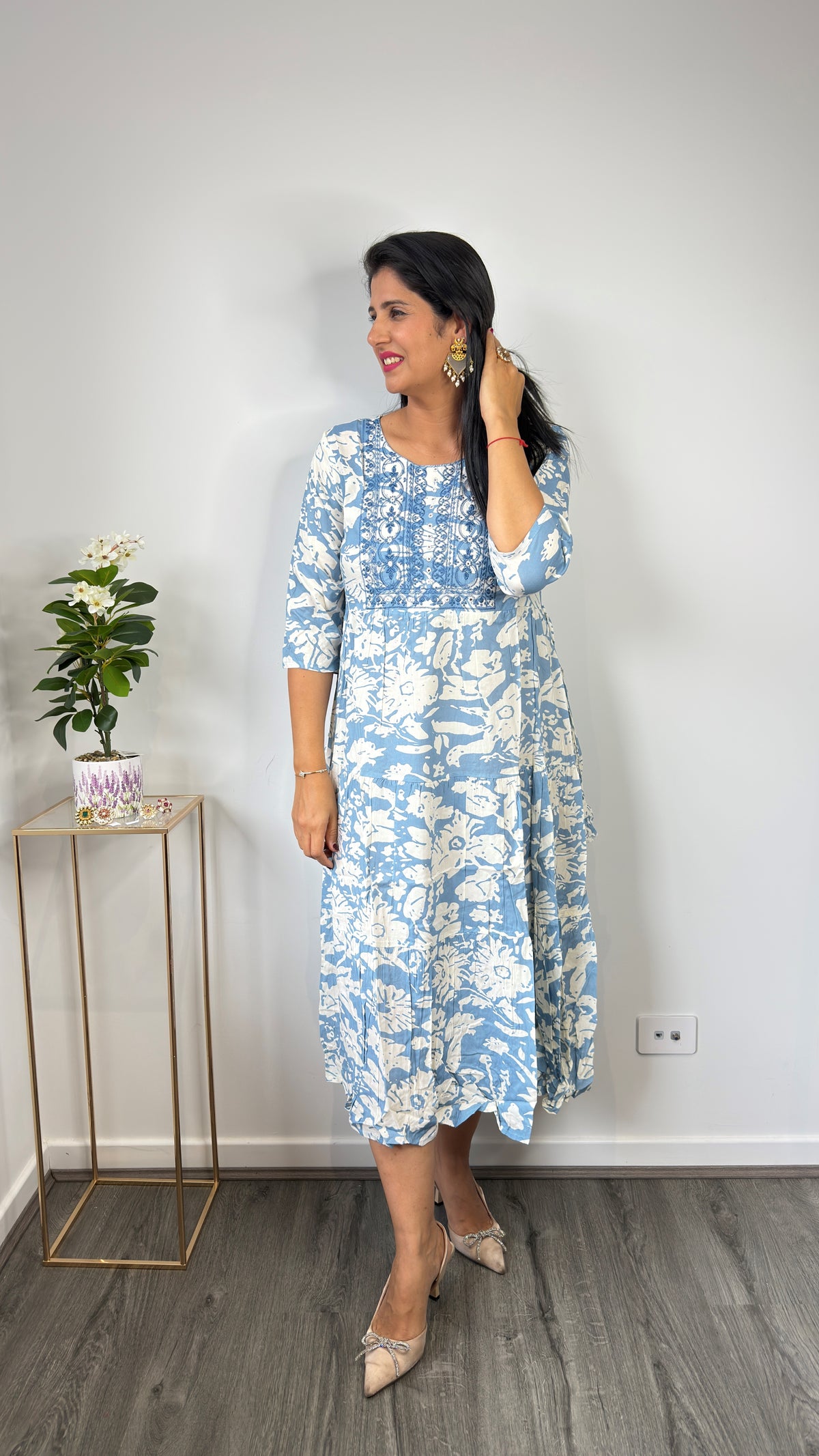 Blue & White Floral Block Print Tiered Cotton Dress with Embroidered Yoke