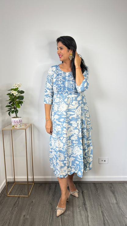 Blue & White Floral Block Print Tiered Cotton Dress with Embroidered Yoke