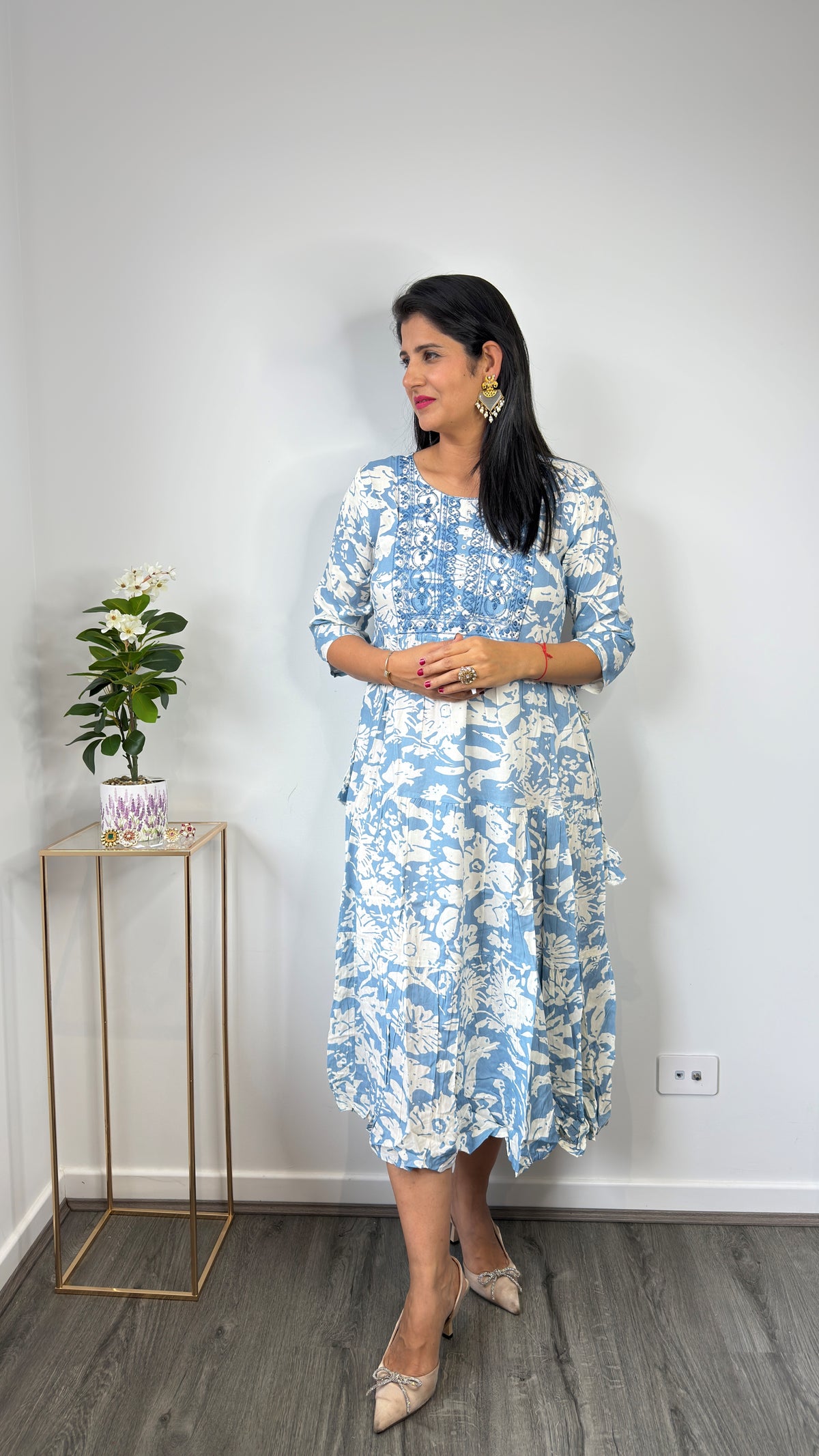 Blue & White Floral Block Print Tiered Cotton Dress with Embroidered Yoke