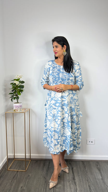 Blue & White Floral Block Print Tiered Cotton Dress with Embroidered Yoke