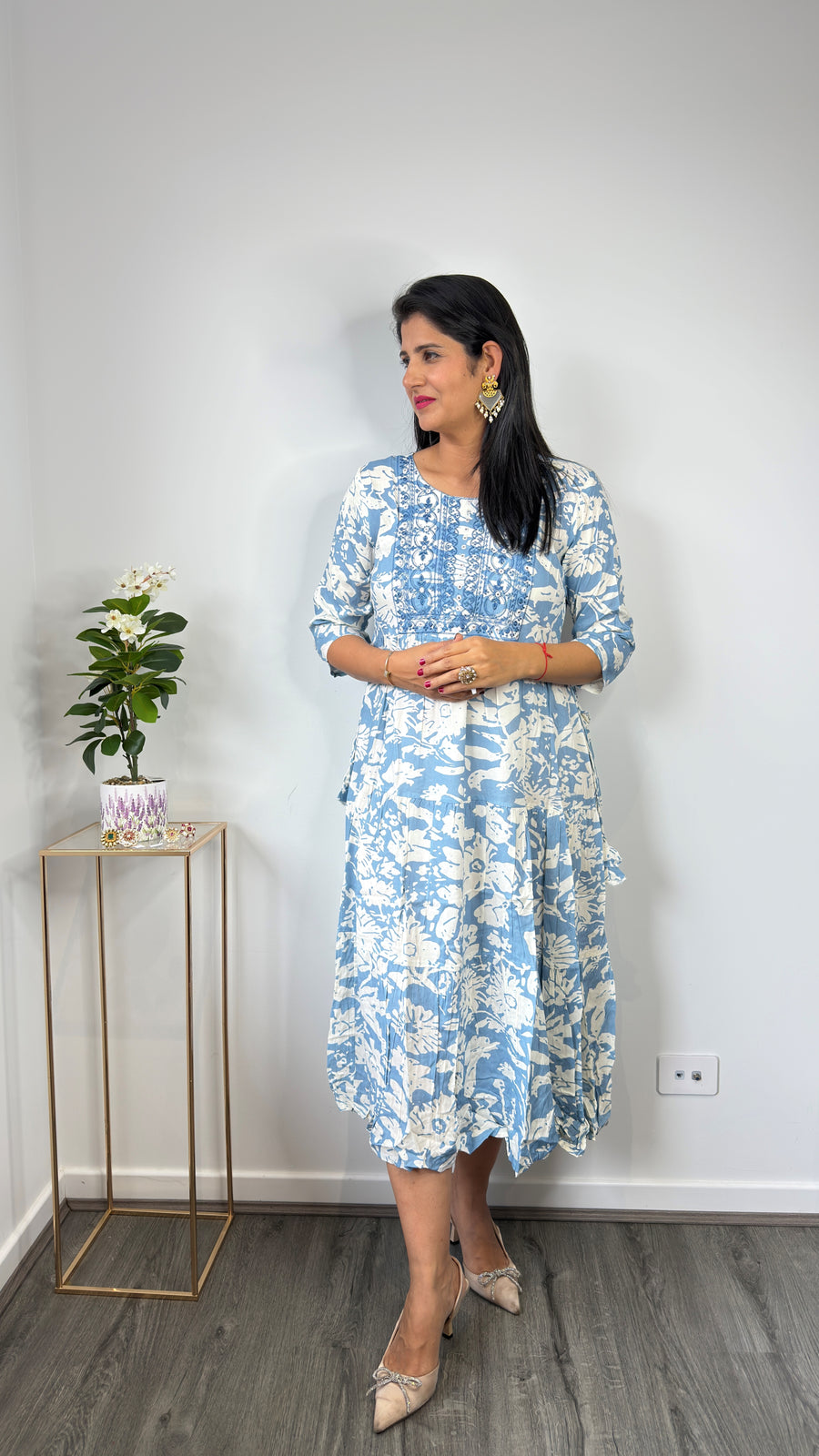 Blue & White Floral Block Print Tiered Cotton Dress with Embroidered Yoke