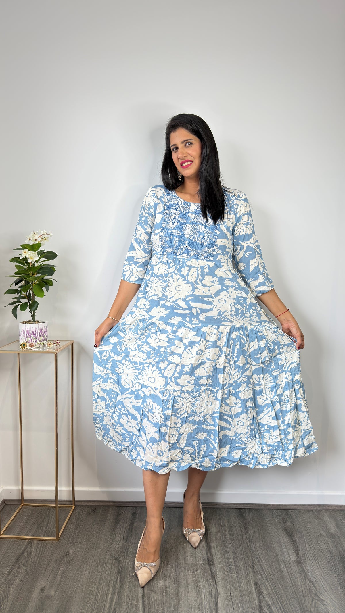 Blue & White Floral Block Print Tiered Cotton Dress with Embroidered Yoke
