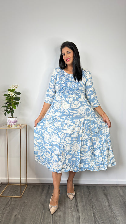 Blue & White Floral Block Print Tiered Cotton Dress with Embroidered Yoke