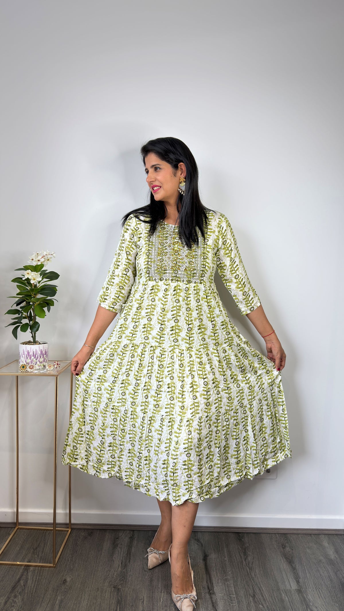 Olive Green & White Block Print Tiered Cotton Dress with Embroidered Yoke
