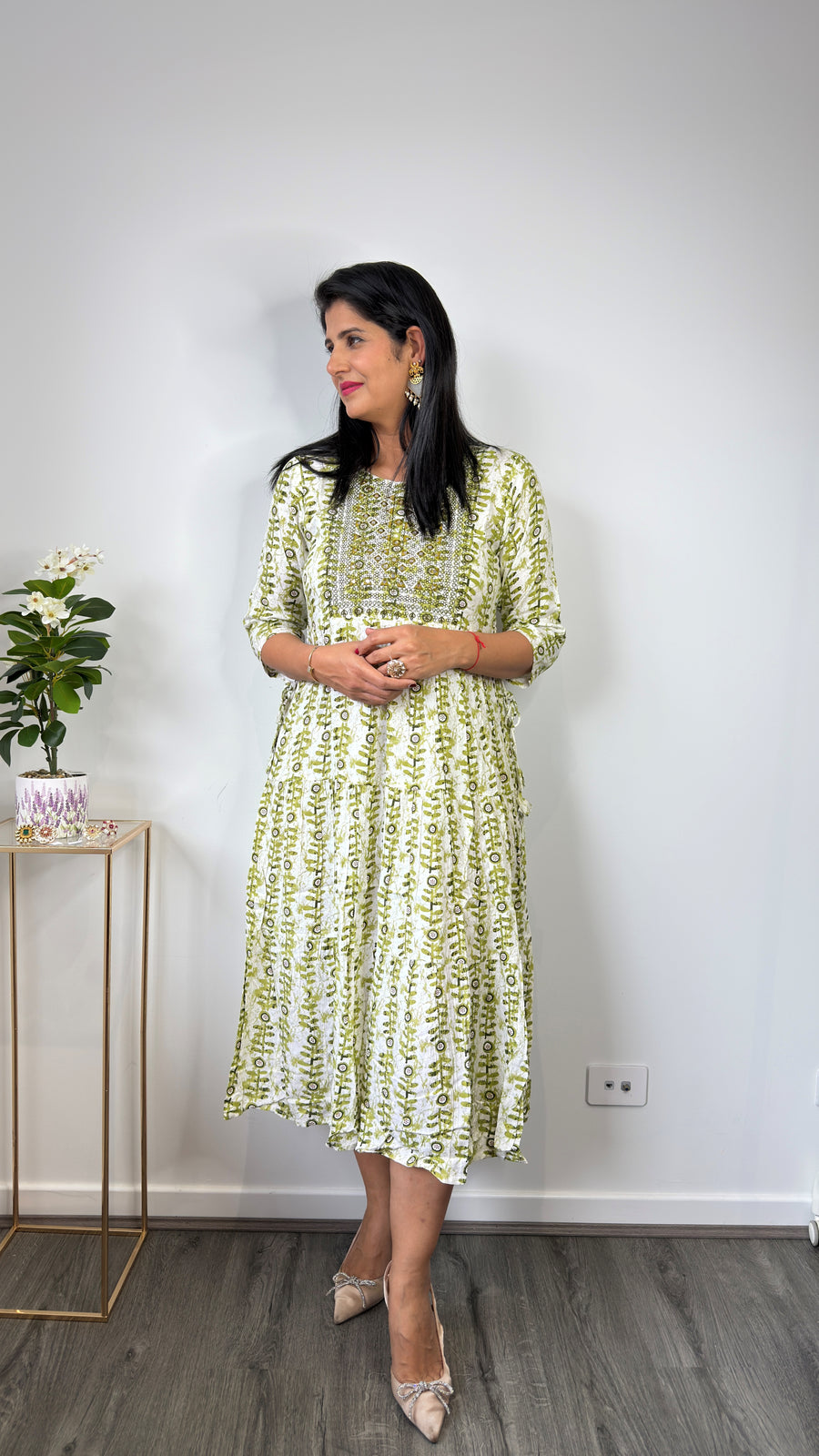 Olive Green & White Block Print Tiered Cotton Dress with Embroidered Yoke