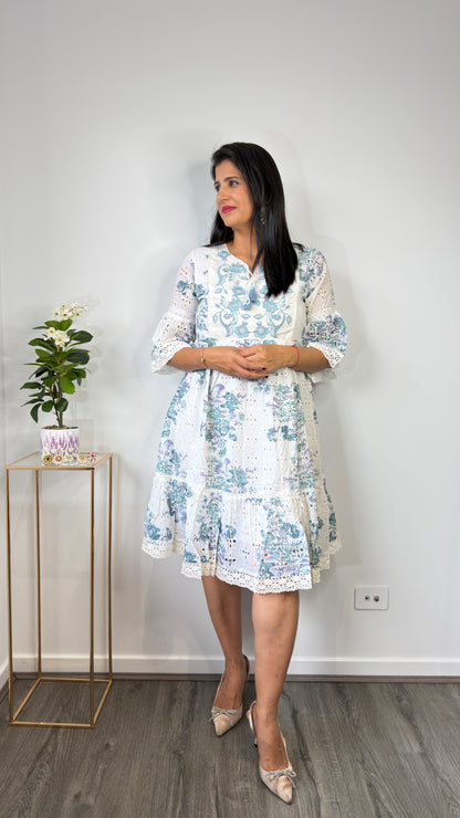 White & Powder Blue Floral Hakoba Schiffli Cotton Tiered Dress with Embroidered Yoke