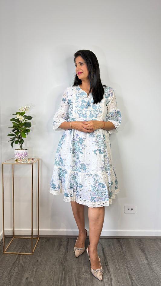White & Powder Blue Floral Hakoba Schiffli Cotton Tiered Dress with Embroidered Yoke