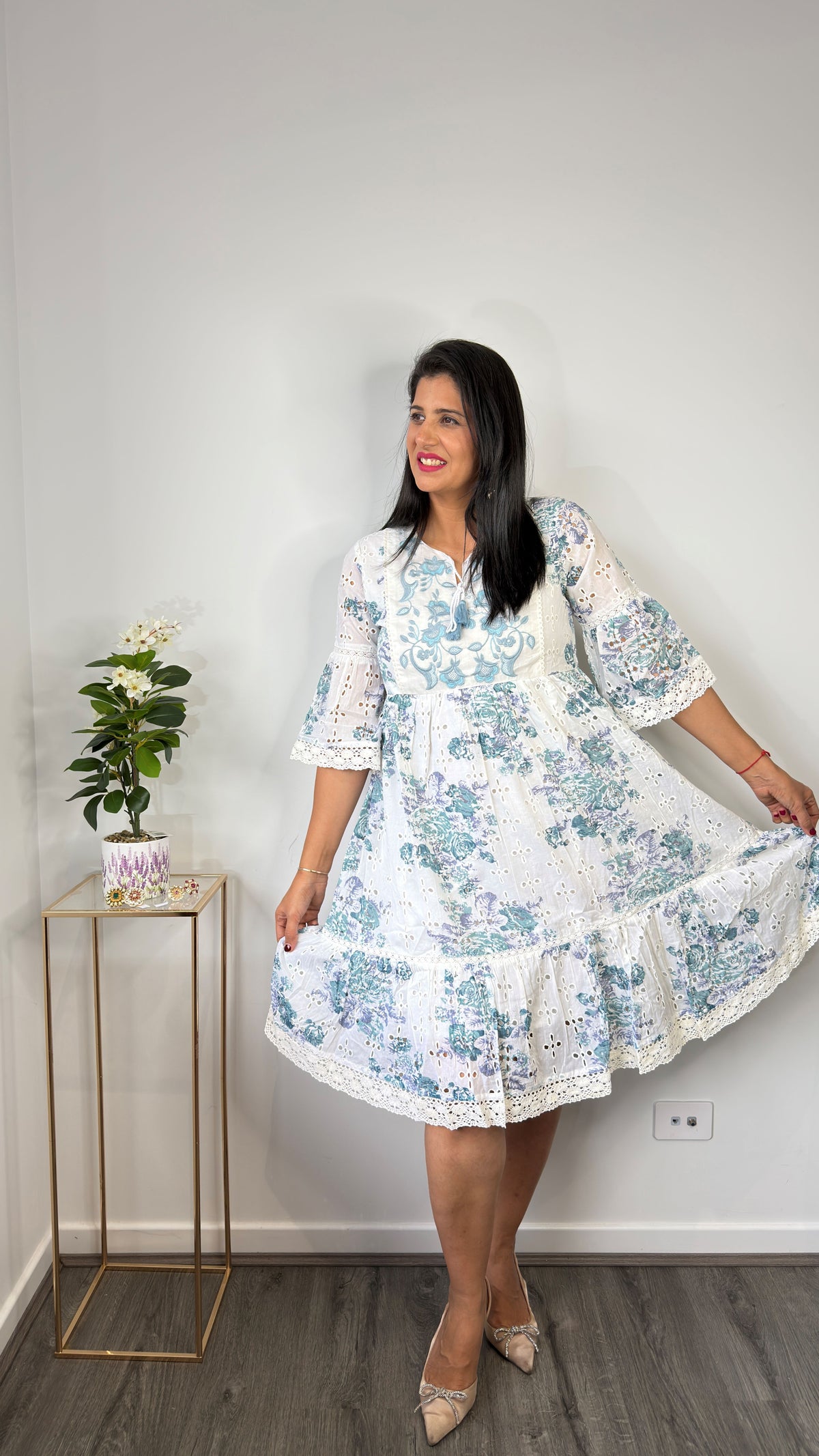 White & Powder Blue Floral Hakoba Schiffli Cotton Tiered Dress with Embroidered Yoke