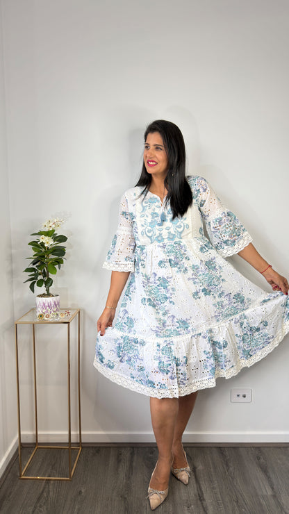 White & Powder Blue Floral Hakoba Schiffli Cotton Tiered Dress with Embroidered Yoke