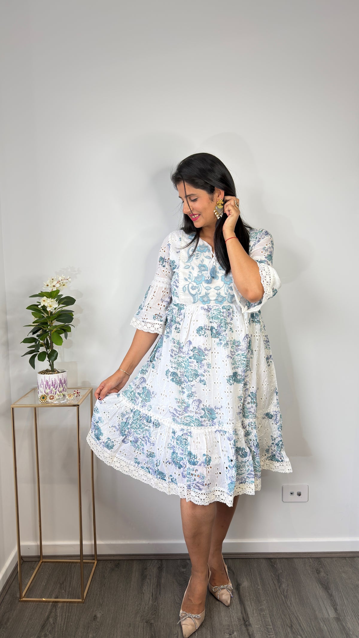 White & Powder Blue Floral Hakoba Schiffli Cotton Tiered Dress with Embroidered Yoke