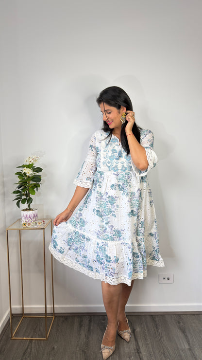 White & Powder Blue Floral Hakoba Schiffli Cotton Tiered Dress with Embroidered Yoke