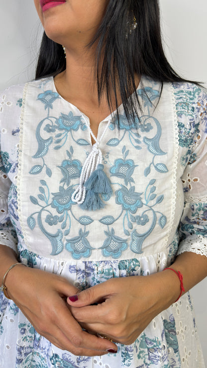 White & Powder Blue Floral Hakoba Schiffli Cotton Tiered Dress with Embroidered Yoke