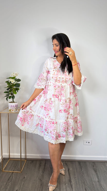 White & Pink Floral Hakoba Schiffli Cotton Tiered Dress with Embroidered Yoke