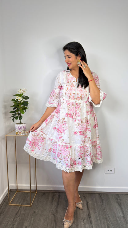 White & Pink Floral Hakoba Schiffli Cotton Tiered Dress with Embroidered Yoke