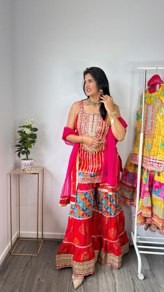 Vibrant Red & Multi-Color Bandhani Print Kurta Sharara Set with Dupatta