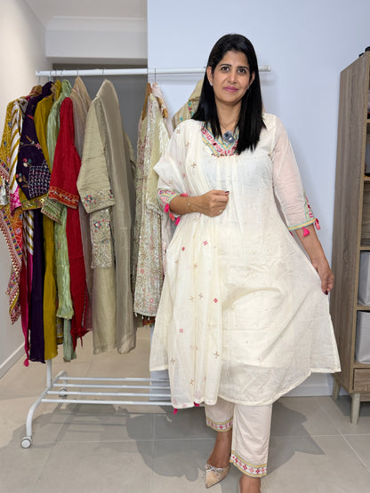 Ivory Off-White Embroidered Anarkali Suit Set with Dupatta