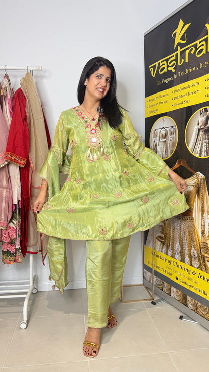 Sage Green Tissue Silk Short Anarkali Suit Set with Dupatta