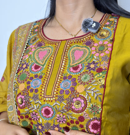 Mustard Radiance – Floral Embroidered Mul Cotton Kurta Set with Dupatta