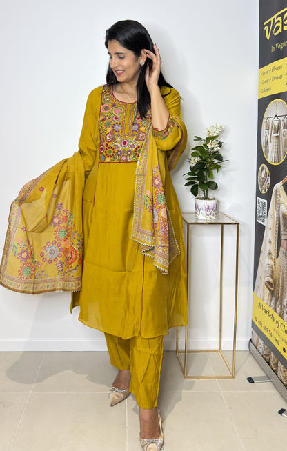 Mustard Radiance – Floral Embroidered Mul Cotton Kurta Set with Dupatta