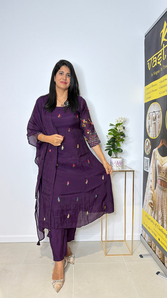 Wine Elegance – Hand Embroidered Tissue Silk Kurta Set with Dupatta