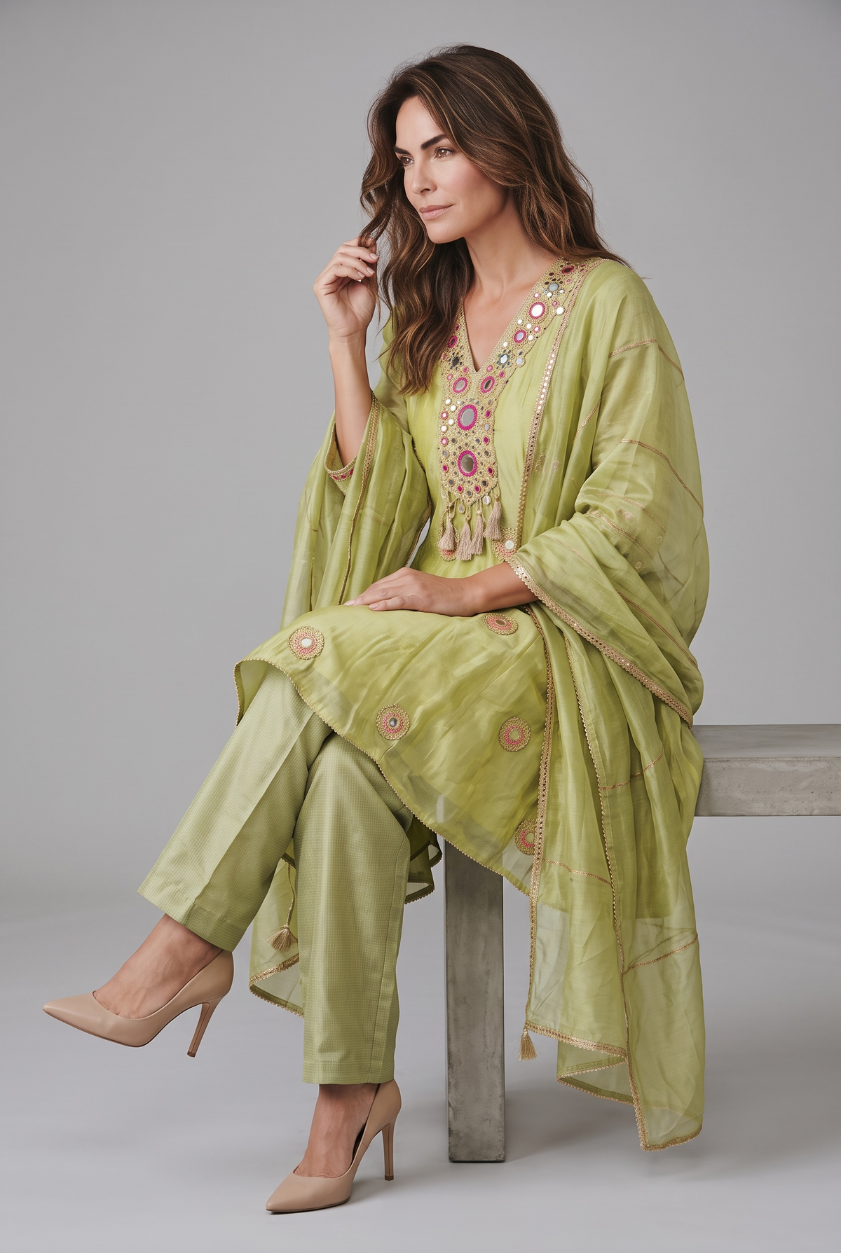 Sage Green Tissue Silk Short Anarkali Suit Set with Dupatta