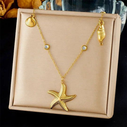 Gold Starfish Crystal Charm Necklace