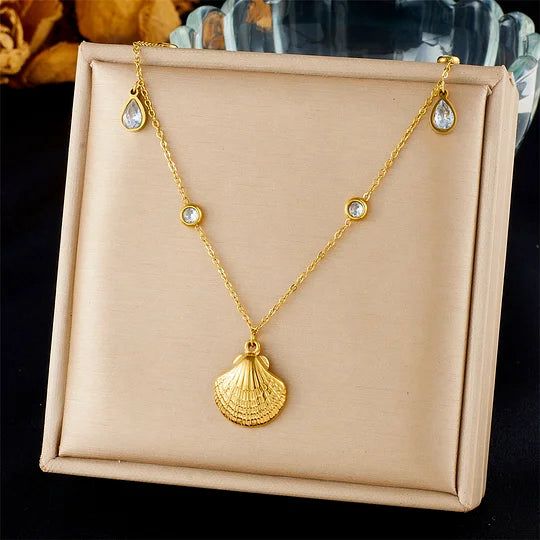 Gold Seashell Crystal Station Necklace