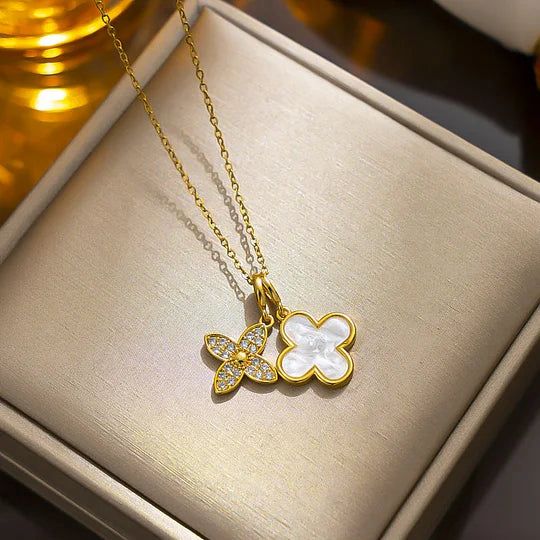 Gold Crystal Clover Charm Necklace (White Mother of Pearl)