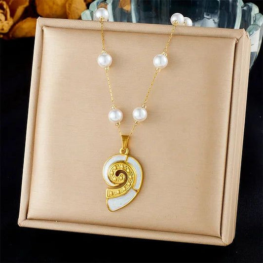 Gold Nautilus Shell Pearl Necklace