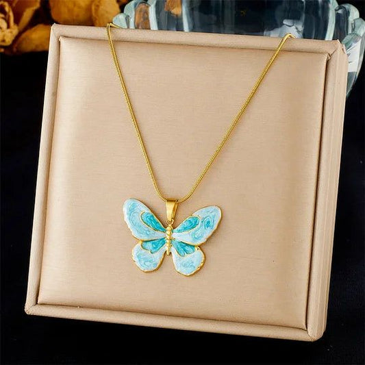 Gold Enamel Butterfly Pendant Necklace