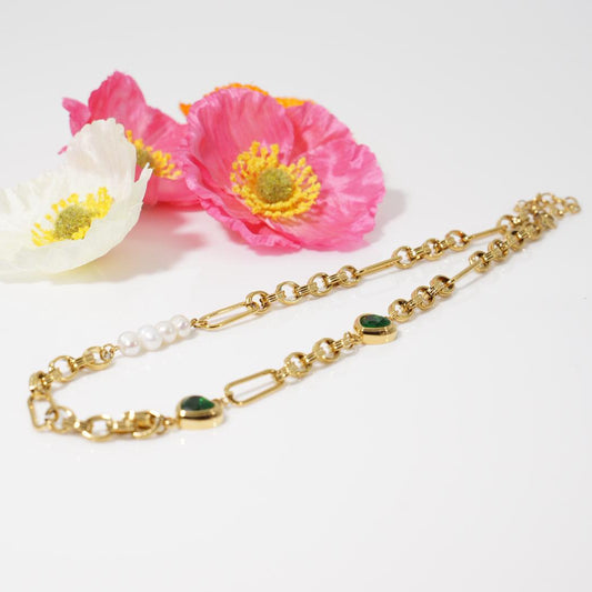 Gold Pearl & Emerald Crystal Station Link Chain Necklace