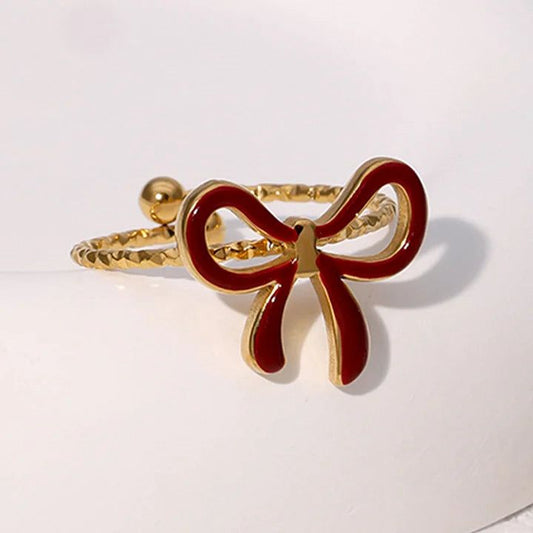 Red Enamel Gold Ribbon Bow Adjustable Ring