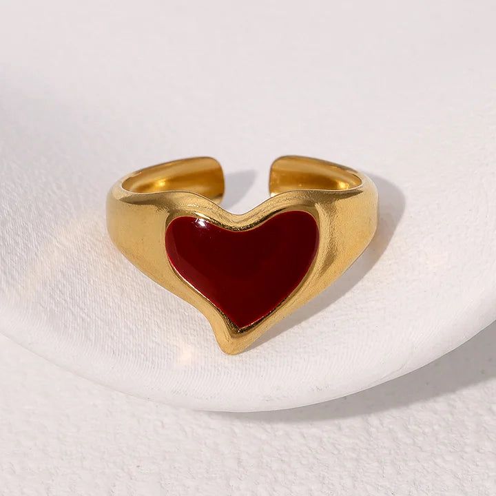 Red Enamel Heart Gold Adjustable Ring